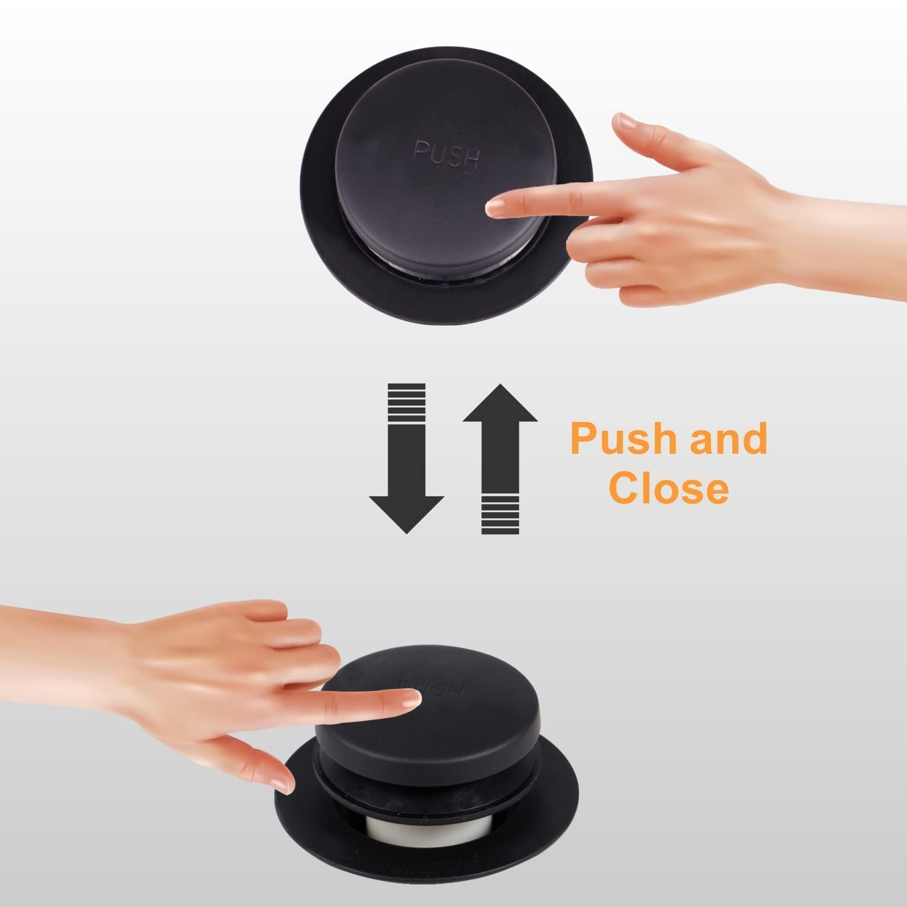 WELLUP matte black drain stopper close-up emphasizes effortless push-to-close operation.
