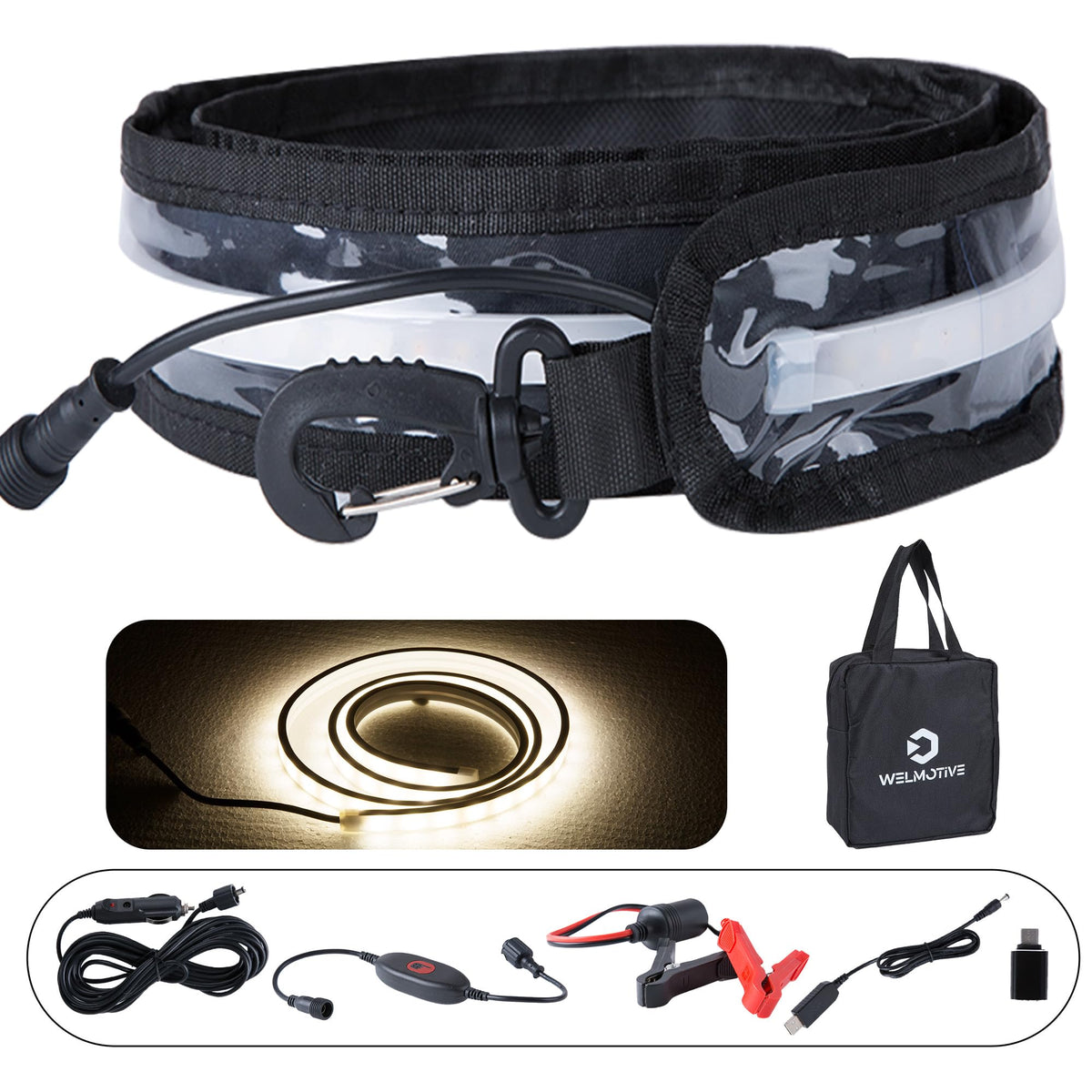 Welmotive 12V LED strip camping light with bright, even illumination for campsites.