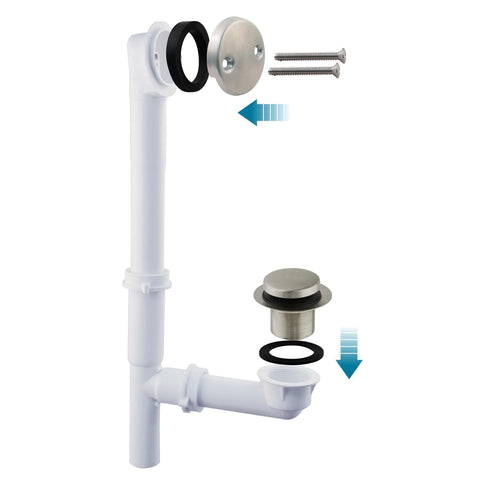 Brushed nickel overflow face plate complements existing bathroom hardware