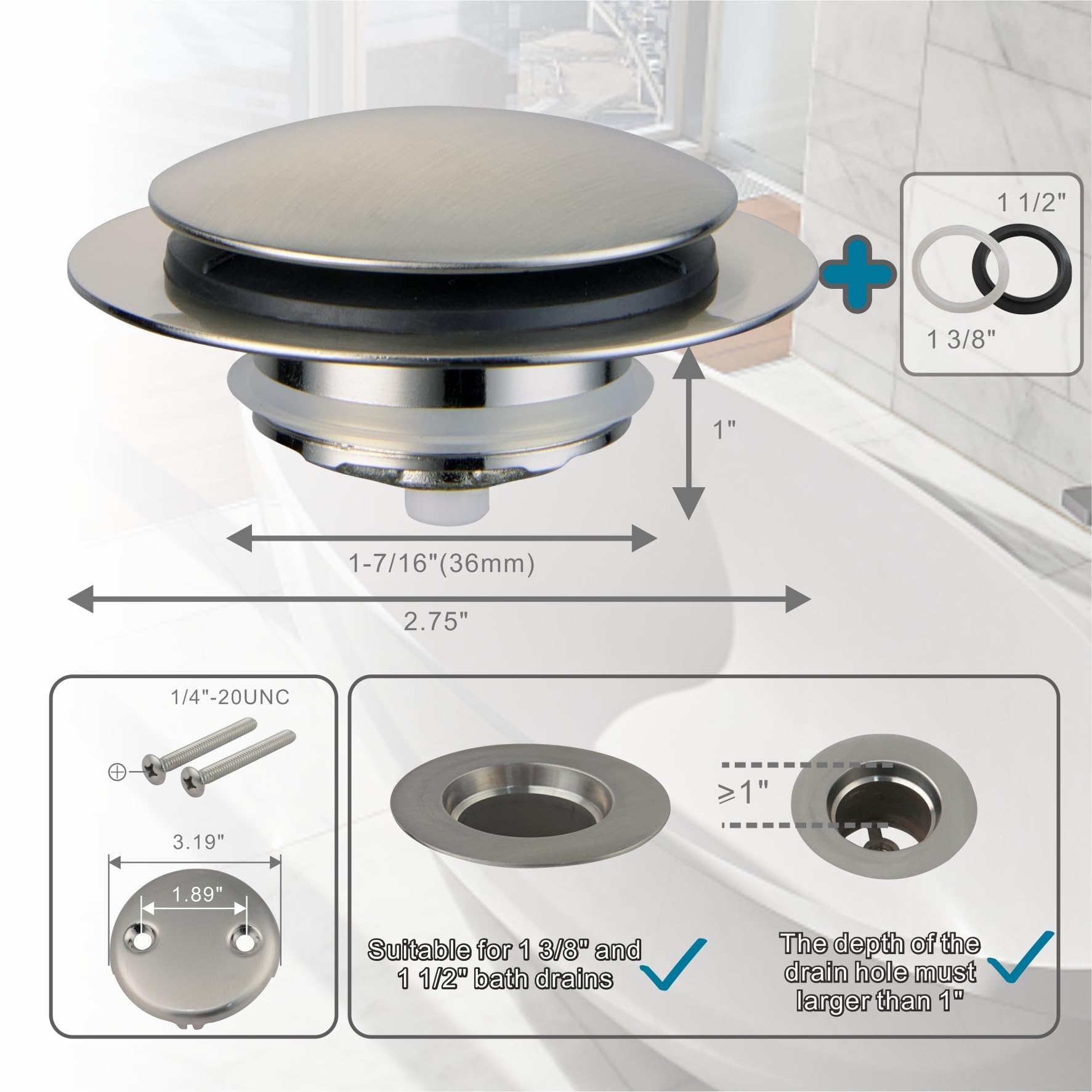 WELSAN universal-fit stopper works with 1-1/2 and 1-3/8 drains.