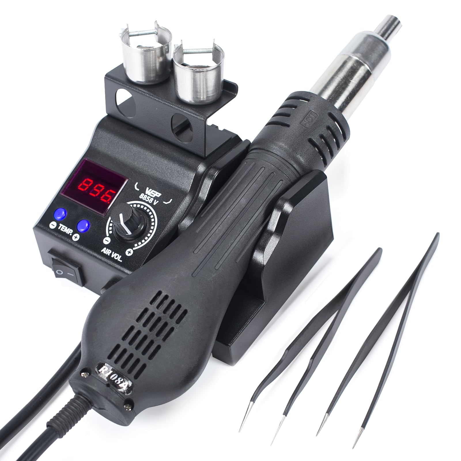WEP 8858-V hot air rework station front view showing compact design for small spaces.