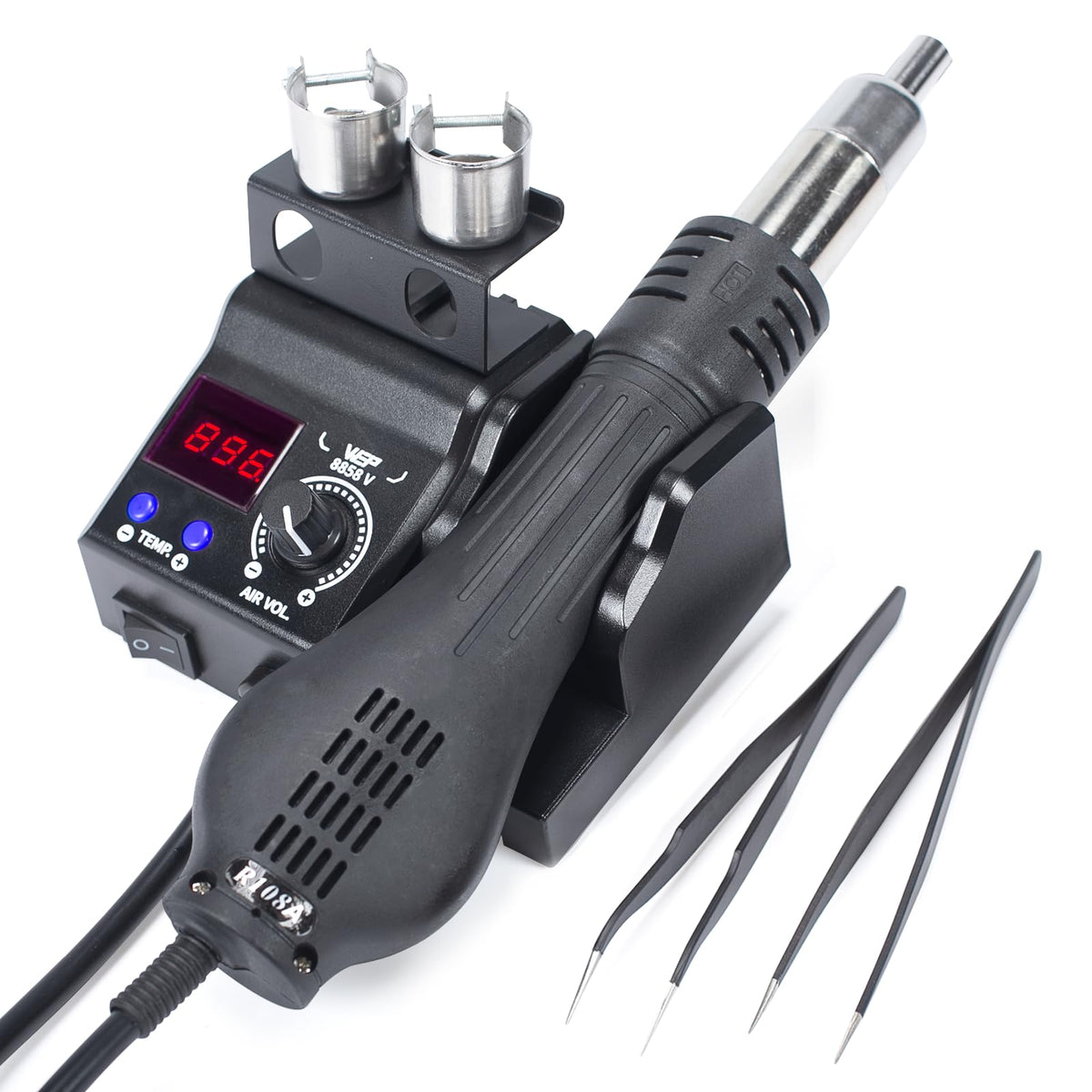 WEP 8858-V hot air rework station front view showing compact design for small spaces.