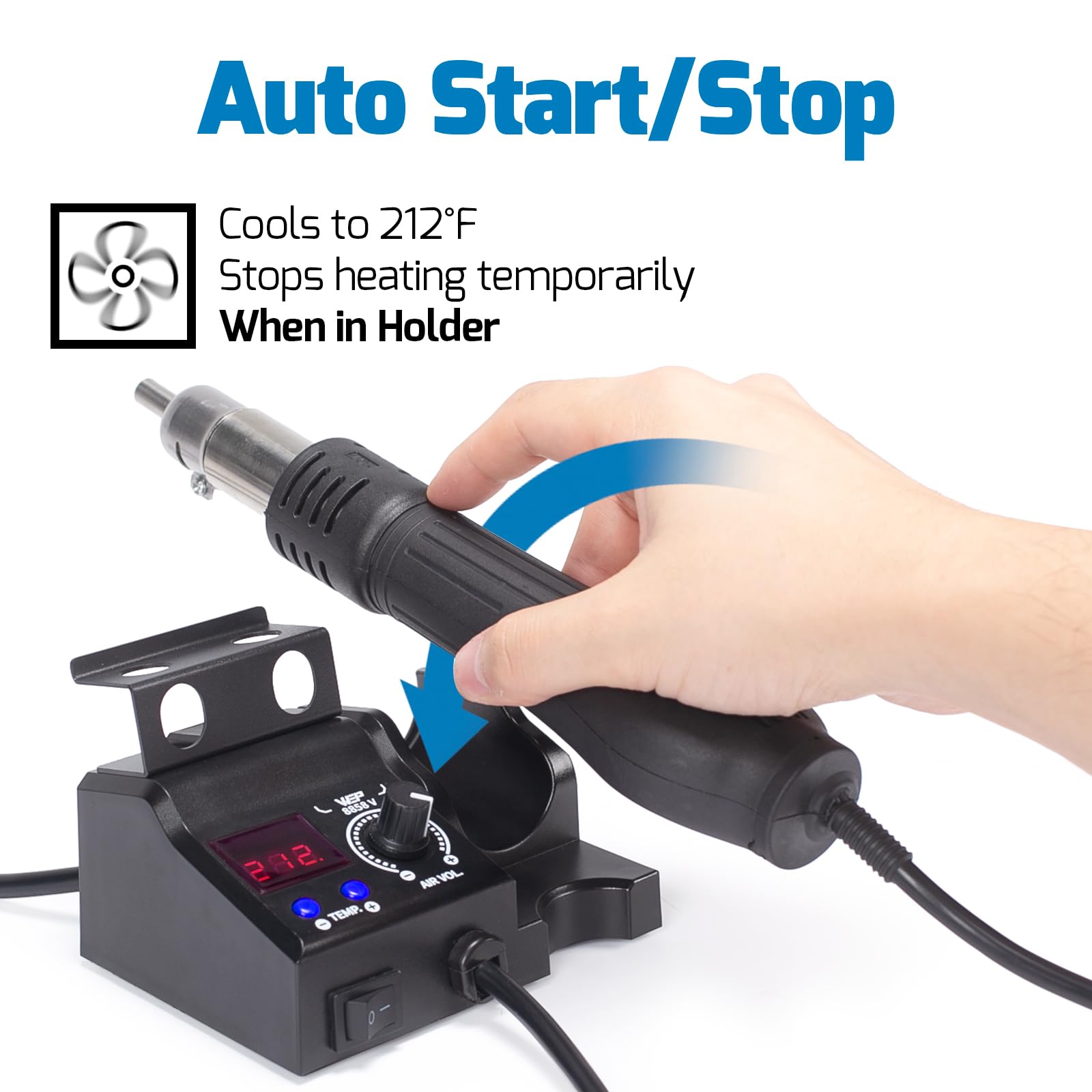 WEP 8858-V top-view showing integrated hot air gun stand and compact footprint.