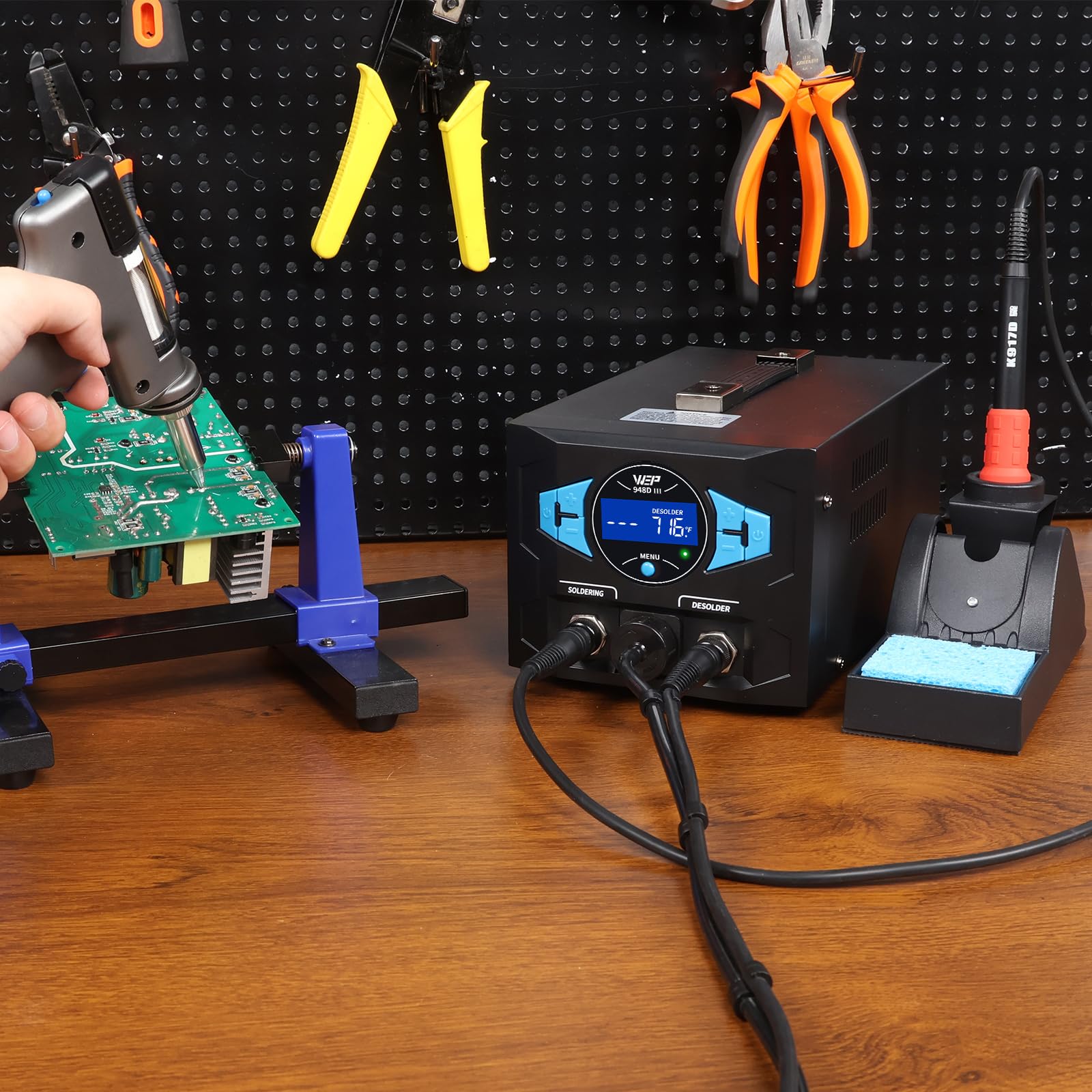 WEP 948D III soldering iron in use for precise joint heating.