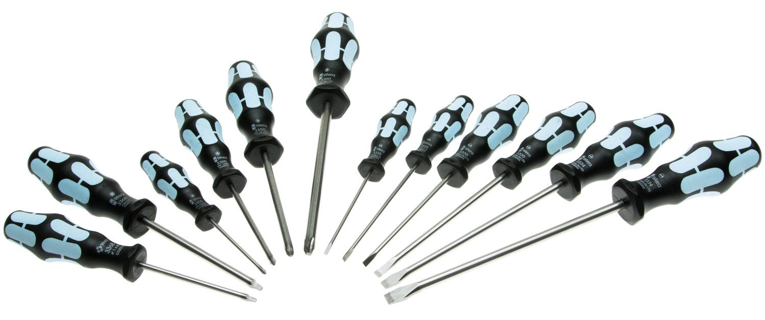 Wera 3334/12 stainless screwdriver set blade close-up highlights precision tips and corrosion resistance.