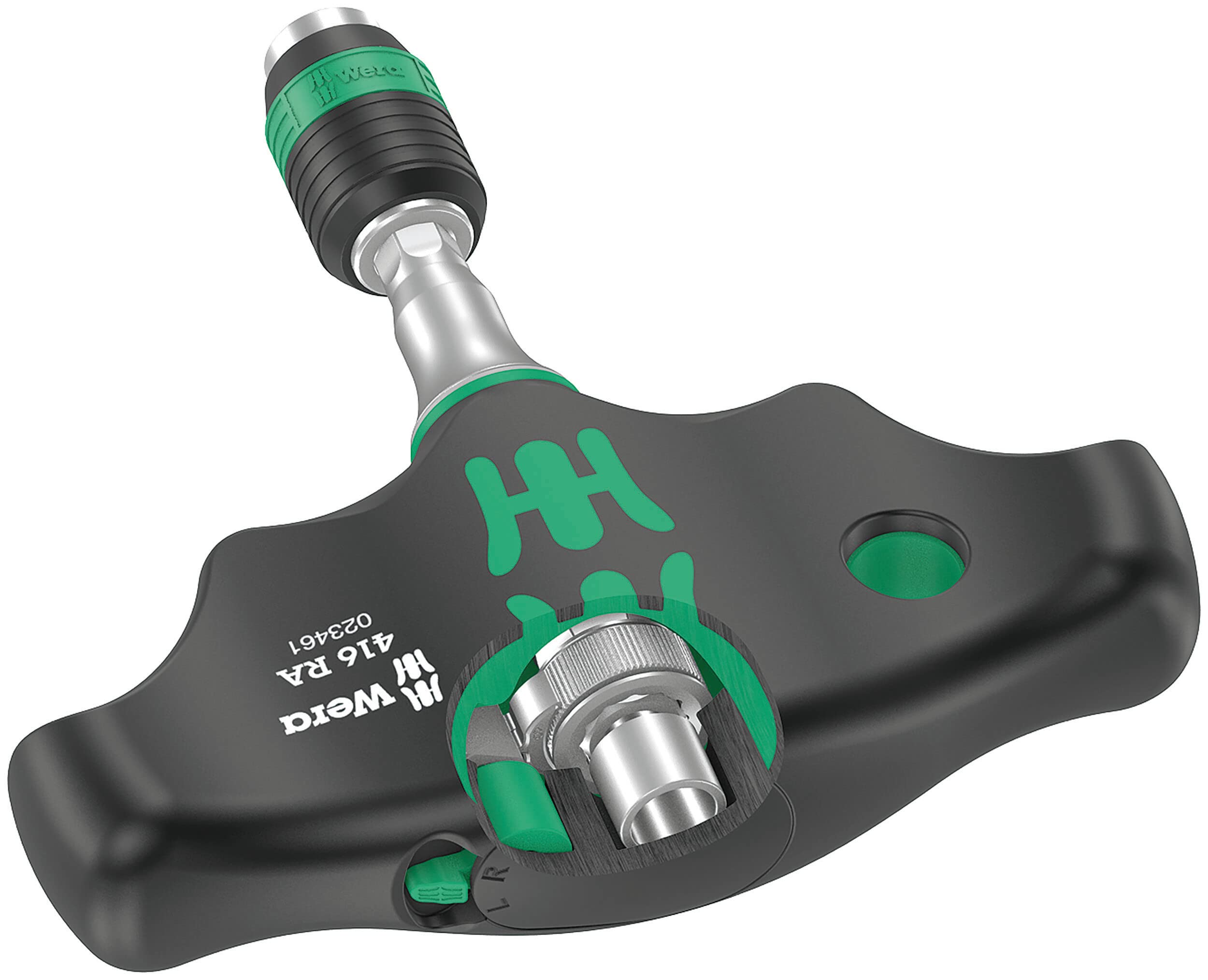 Wera 416 RA T-Handle bitholding screwdriver front angle showing secure bit control