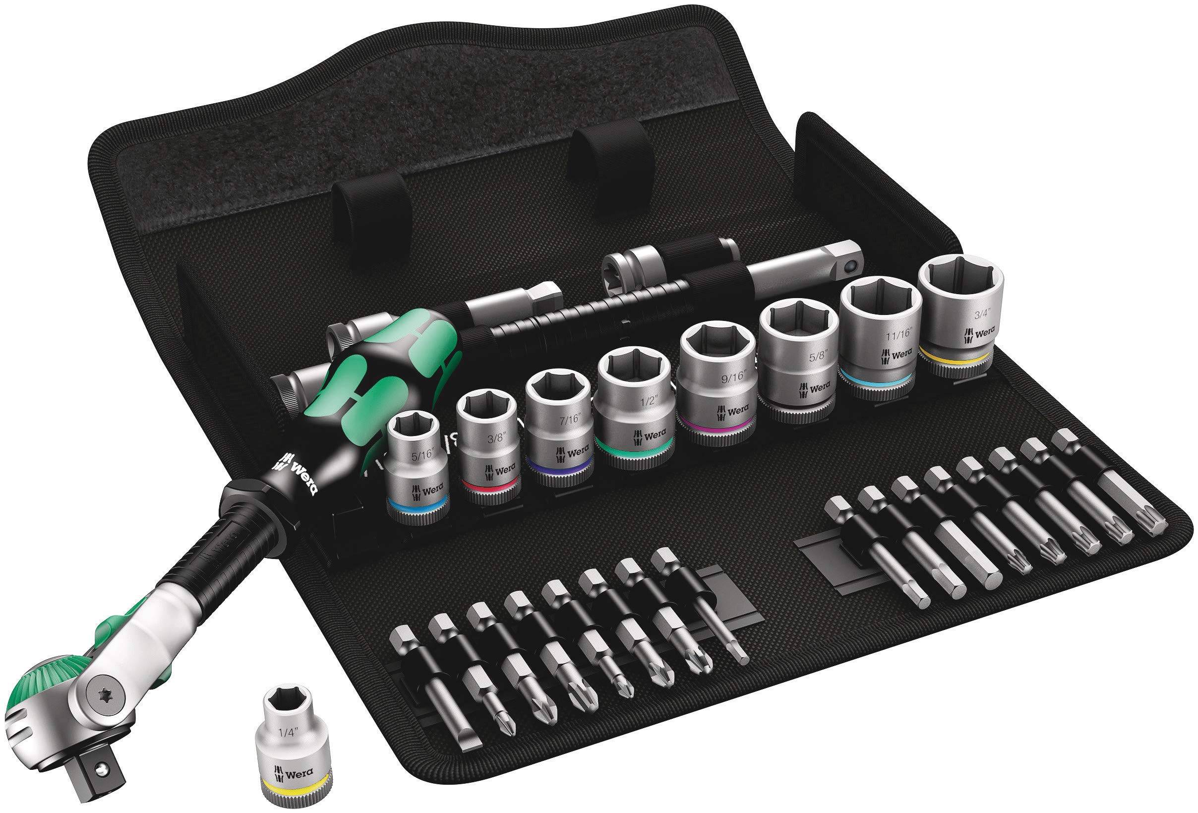 Wera 8100 SB ratchet set pivoting head for versatile access.