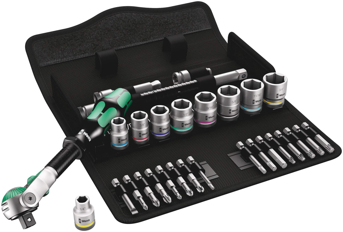 Wera 8100 SB ratchet set pivoting head for versatile access.
