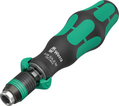 Wera 838 RA-R M bit-holder screwdriver with ratchet, 1/4in drive, enabling quick fastening.