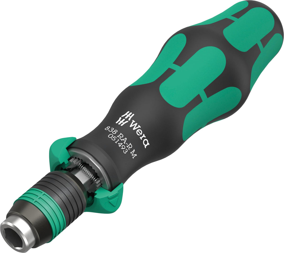 Wera 838 RA-R M bit-holder screwdriver with ratchet, 1/4in drive, enabling quick fastening.