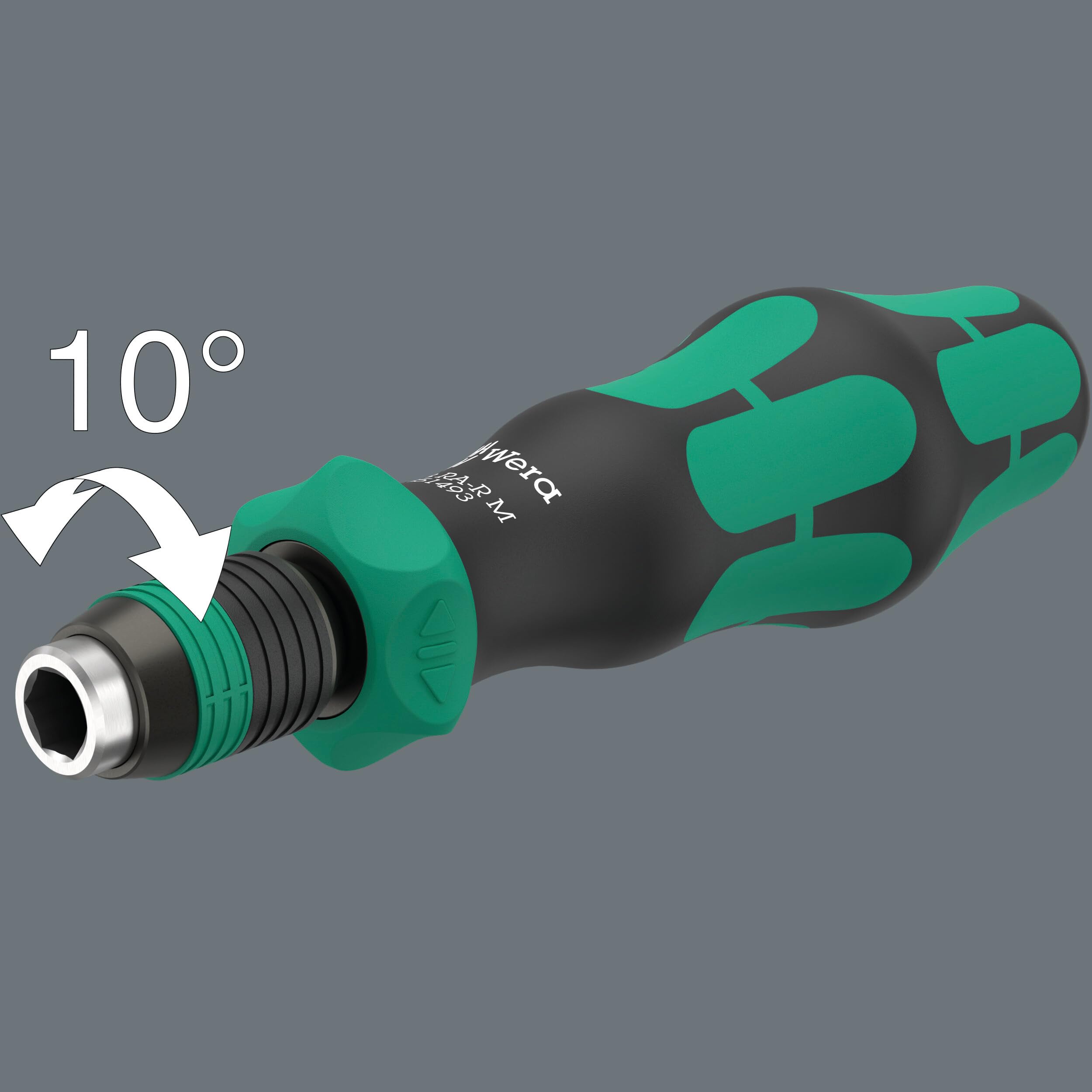 Wera 838 RA-R M bit-holder screwdriver with ratchet; 123.5 mm length aids precise reach.