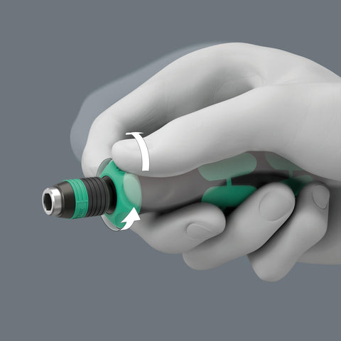 Wera 838 RA-R M bit-holder screwdriver features a ratchet for efficient turning in tight spaces.