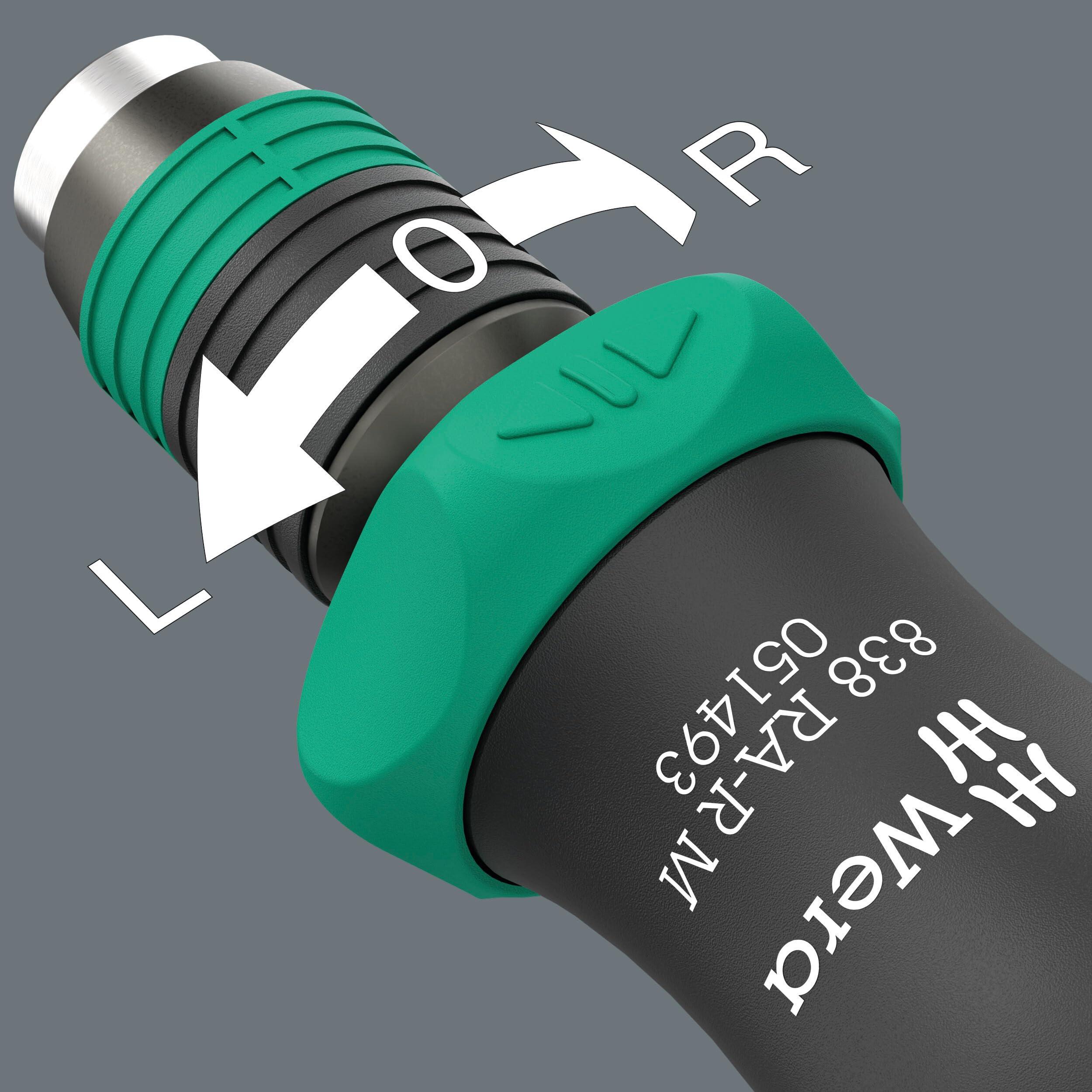 Wera 838 RA-R M bit-holder screwdriver maintains bit security during use with its holder design.