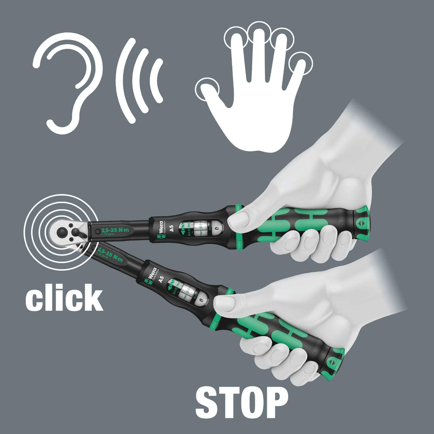 Wera Click-Torque A5 example in workshop toolbox for quick setups.