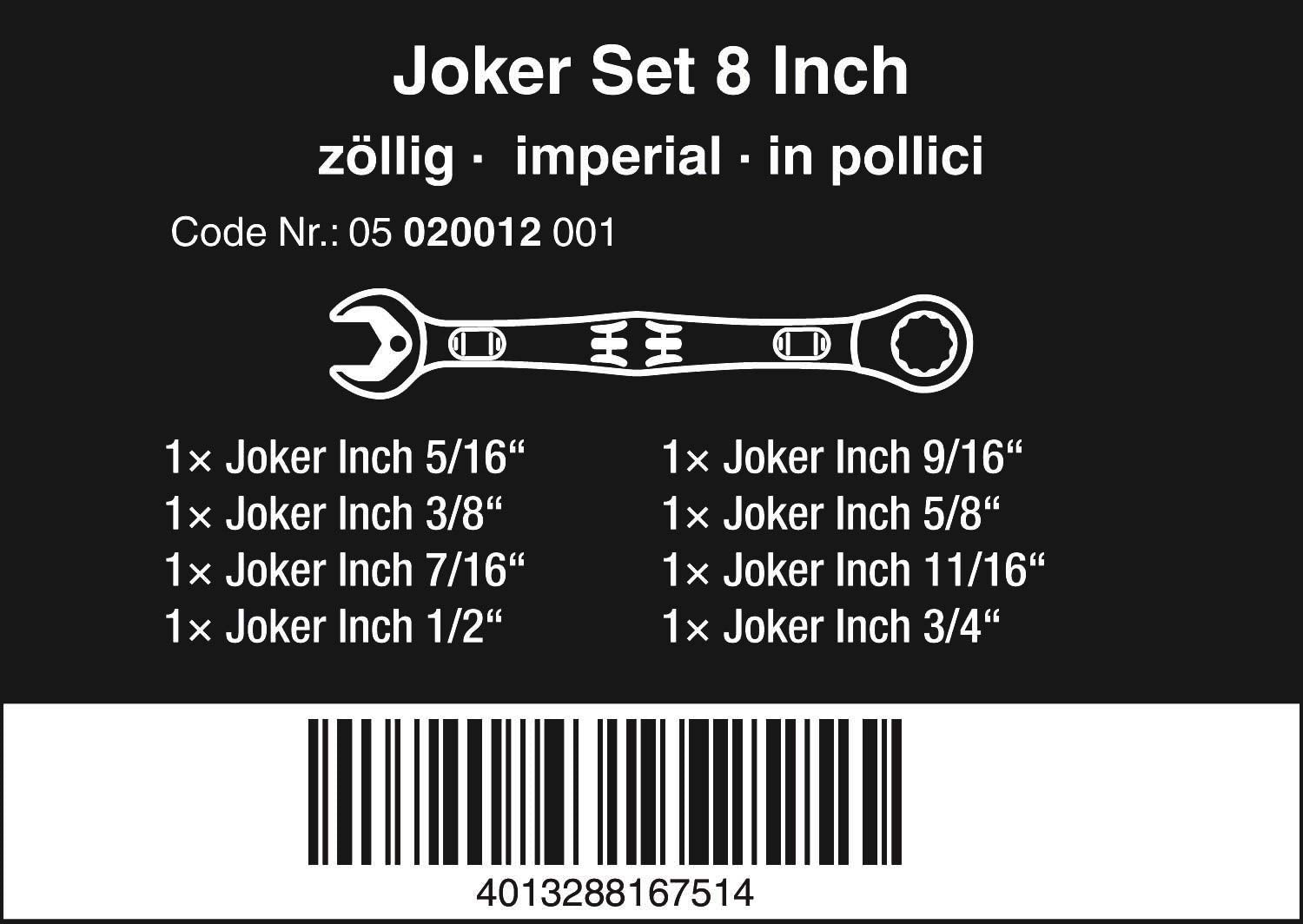 Wera Joker 8pc imperial combo wrenches angled view for hard-to-reach bolts.