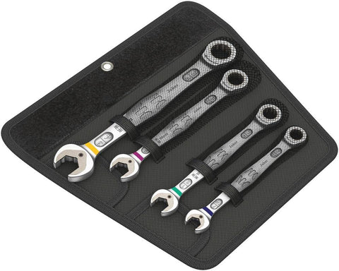 Wera Joker 4pc wrench set in pouch, for organized, secure fastening with ratcheting efficiency.