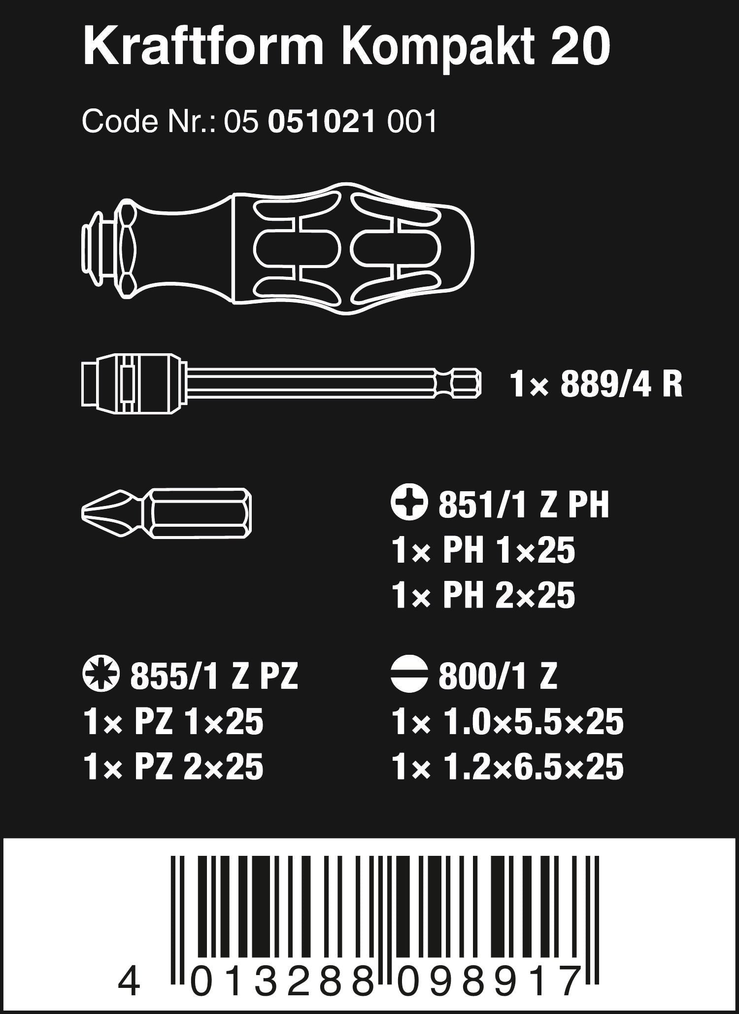 Wera Kraftform Kompakt 20 Rapidaptor chuck for one-handed bit changes
