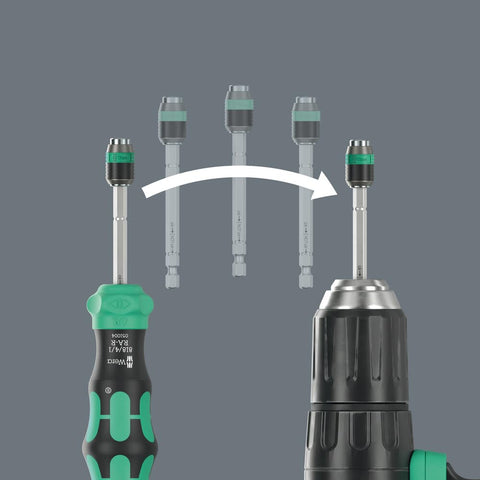 Wera KRAFTFORM KOMPAKT 26 RA-R compact tool set supports quick bit changes.