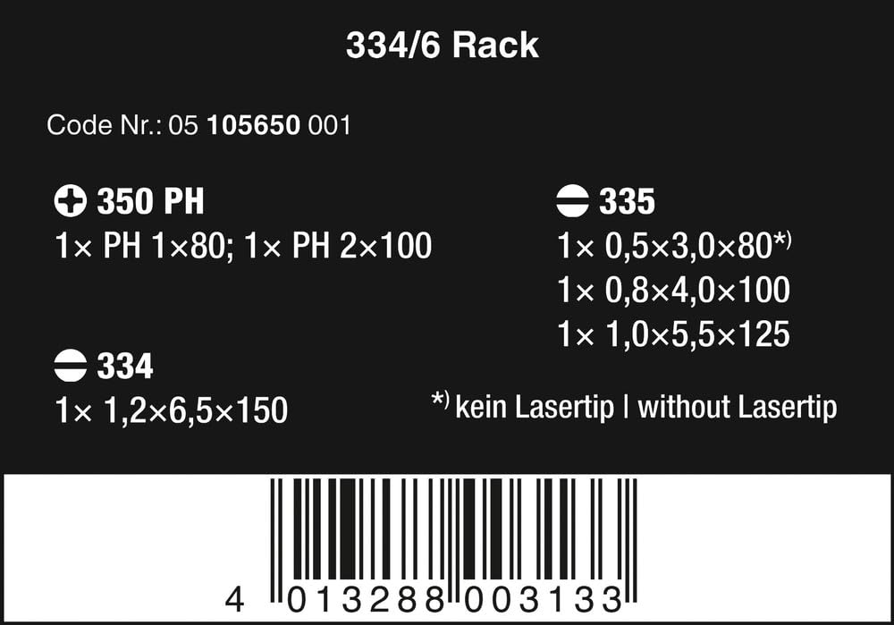 Wera 334/6 slotted sizes organized for fast selection and reduced misplacement.