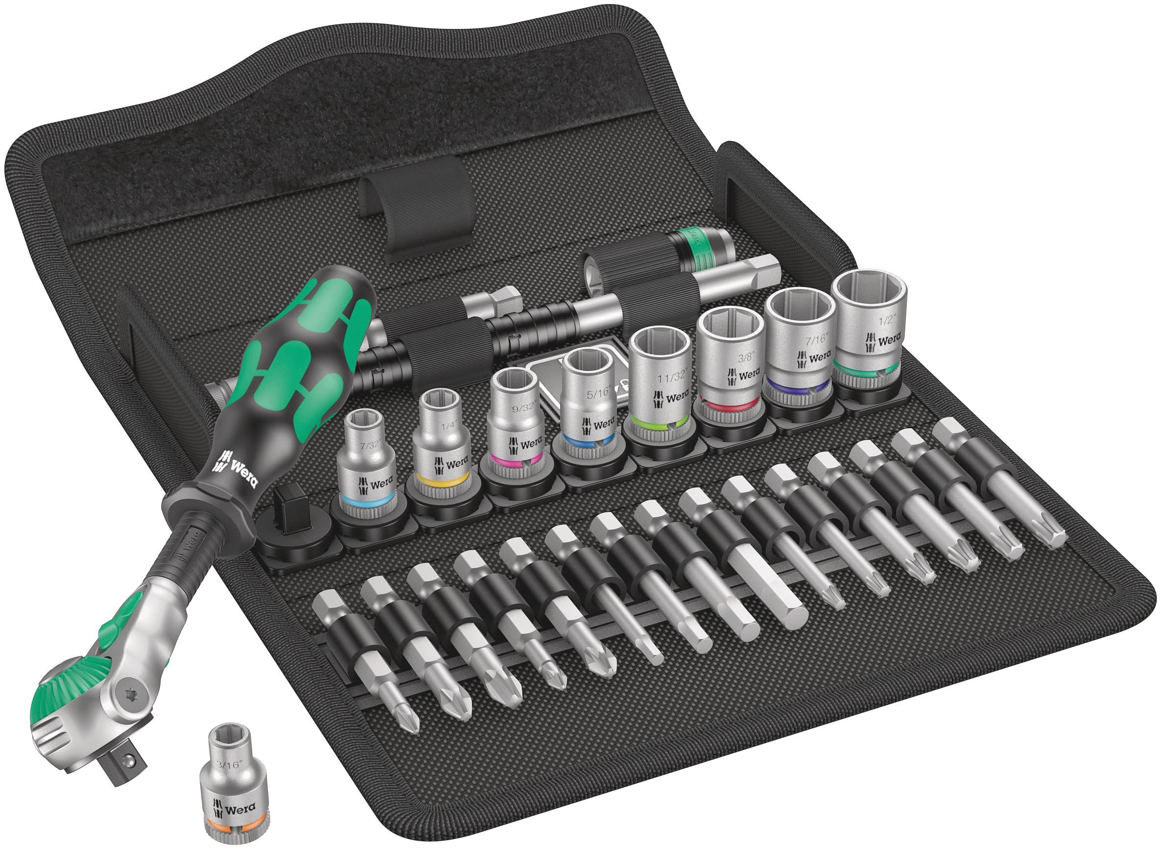 Wera ratchet set 28-piece 1/4-inch drive for versatile SAE tasks.