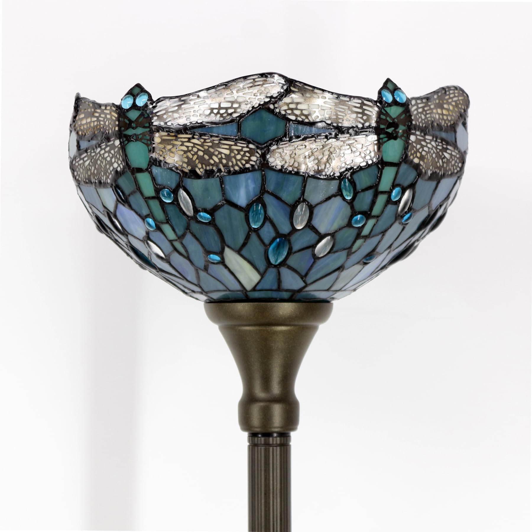 WERFACTORY Tiffany floor lamp close-up of hand-cut glass dragonflies.