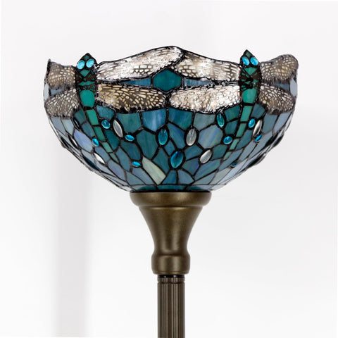 WERFACTORY Tiffany floor lamp close-up of hand-cut glass dragonflies.