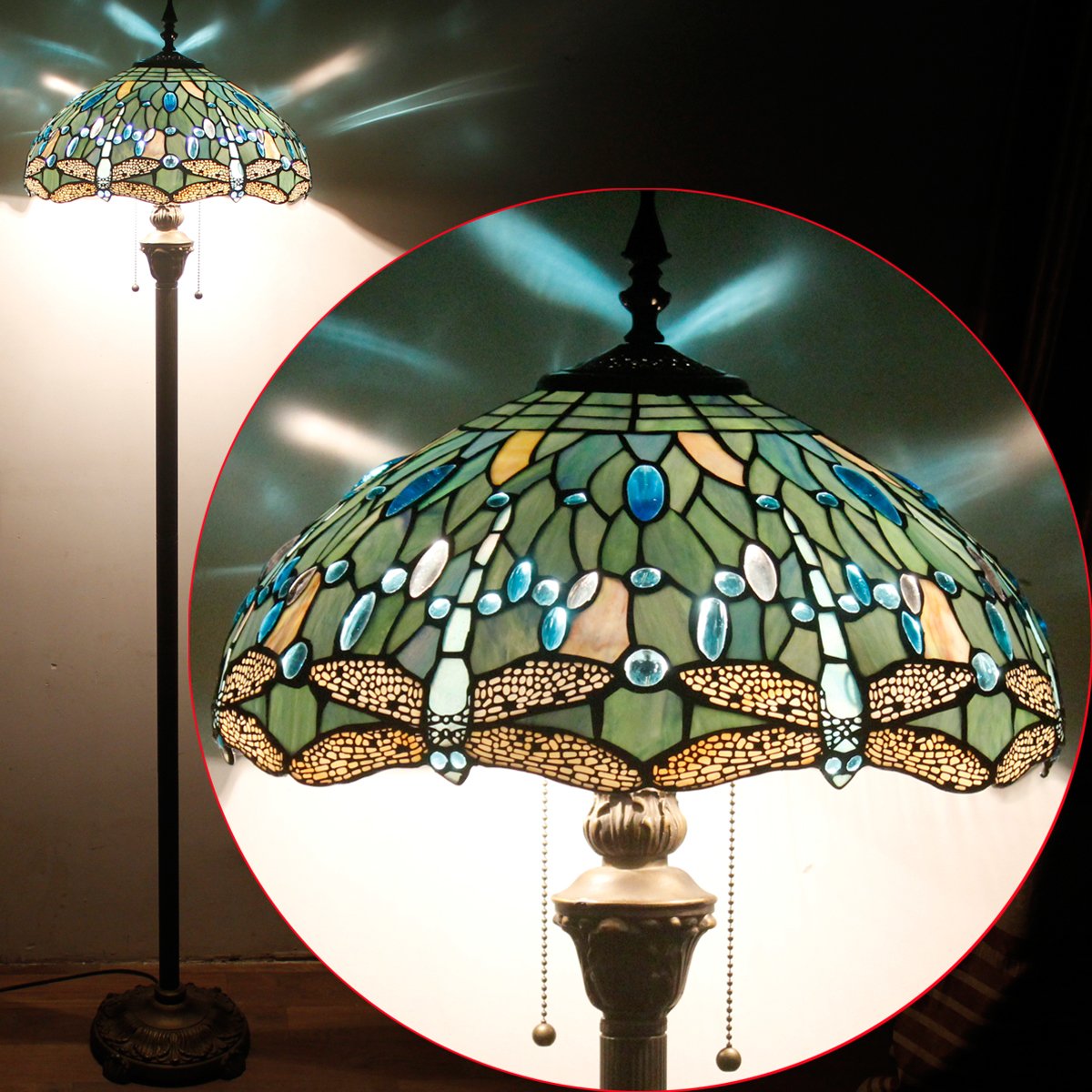 Antique bronze base provides stable support for the Tiffany floor lamp.