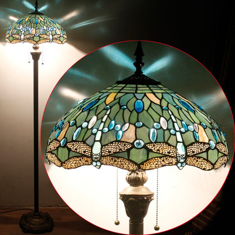 Antique bronze base provides stable support for the Tiffany floor lamp.