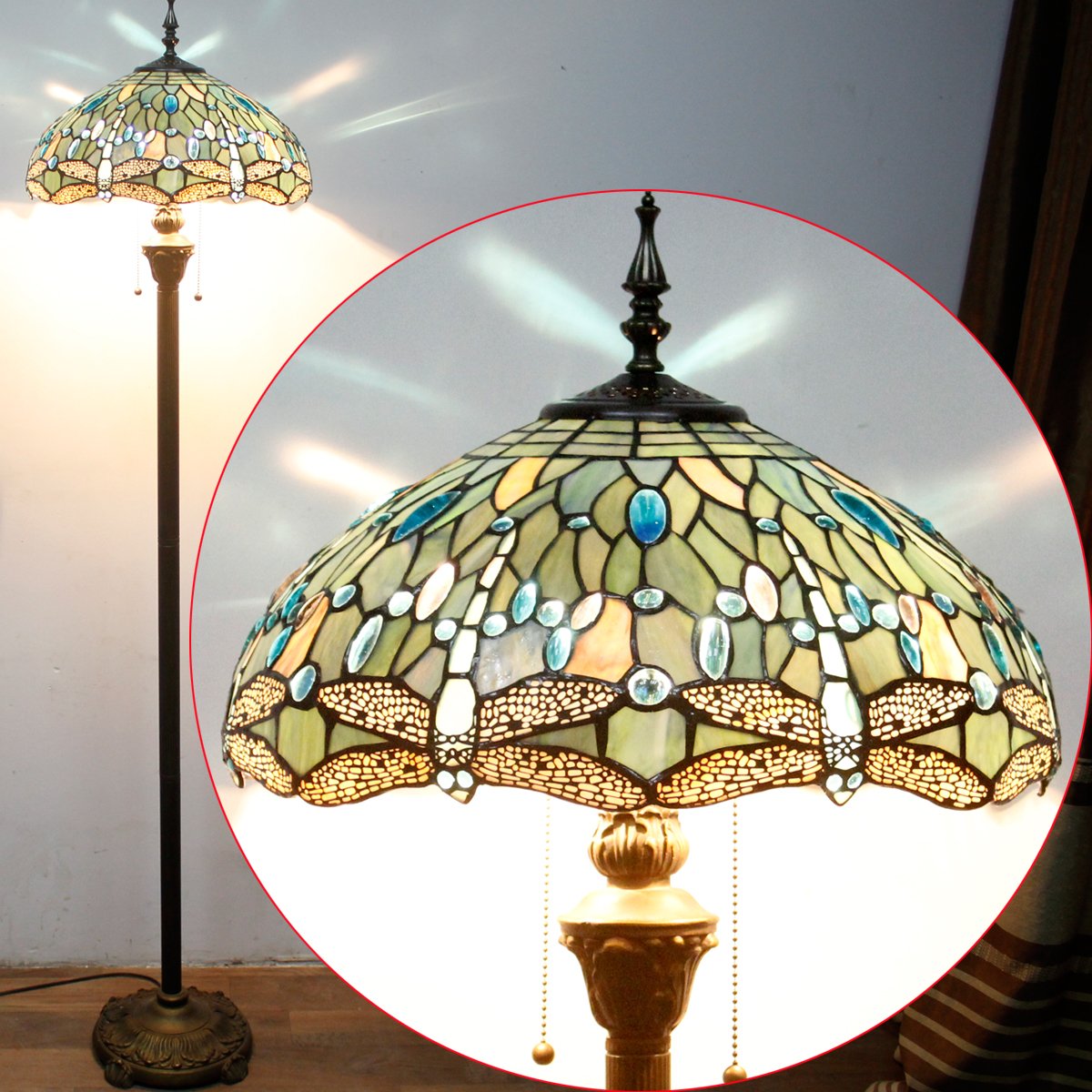 Dragonfly motif details on the stained glass shade add artistic charm.