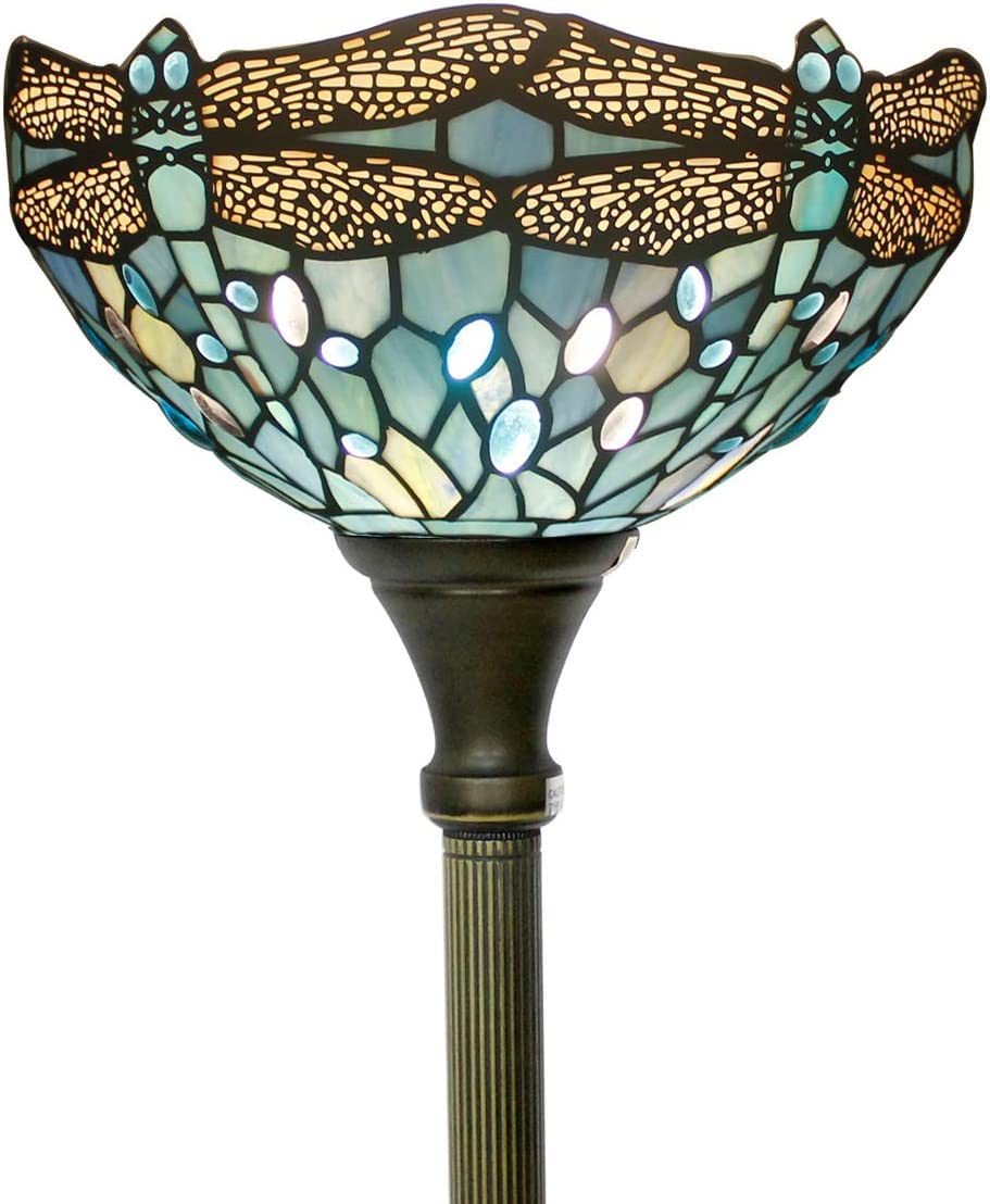 WERFACTORY Tiffany floor lamp sea blue dragonfly shade provides cozy reading light.