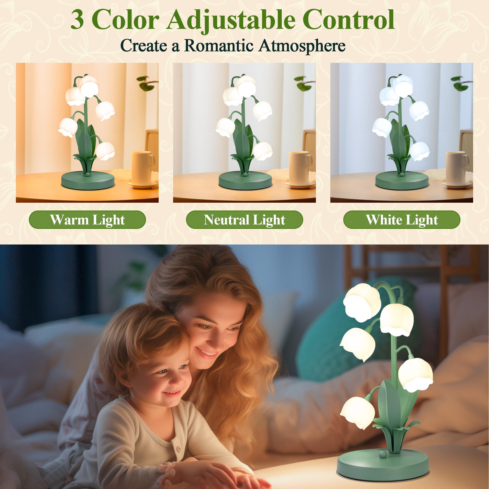 WERFOP green flower table lamp beside bed provides soothing ambient lighting.