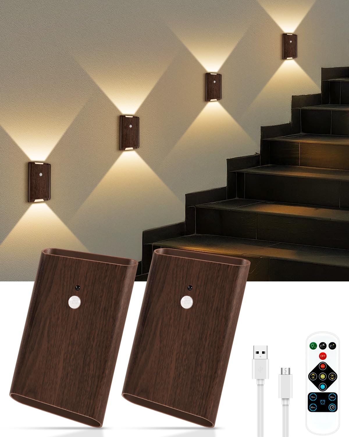 WERFOP rechargeable wall sconce in walnut finish adds warm ambient lighting to any room.