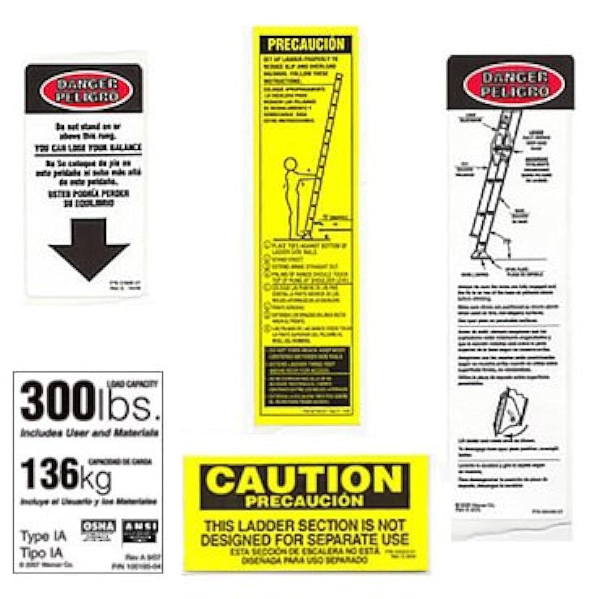 Werner 300 lb fiberglass extension ladder label kit with ANSI OSHA readable safety labels.