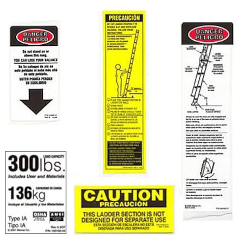 Werner 300 lb fiberglass extension ladder label kit with ANSI OSHA readable safety labels.