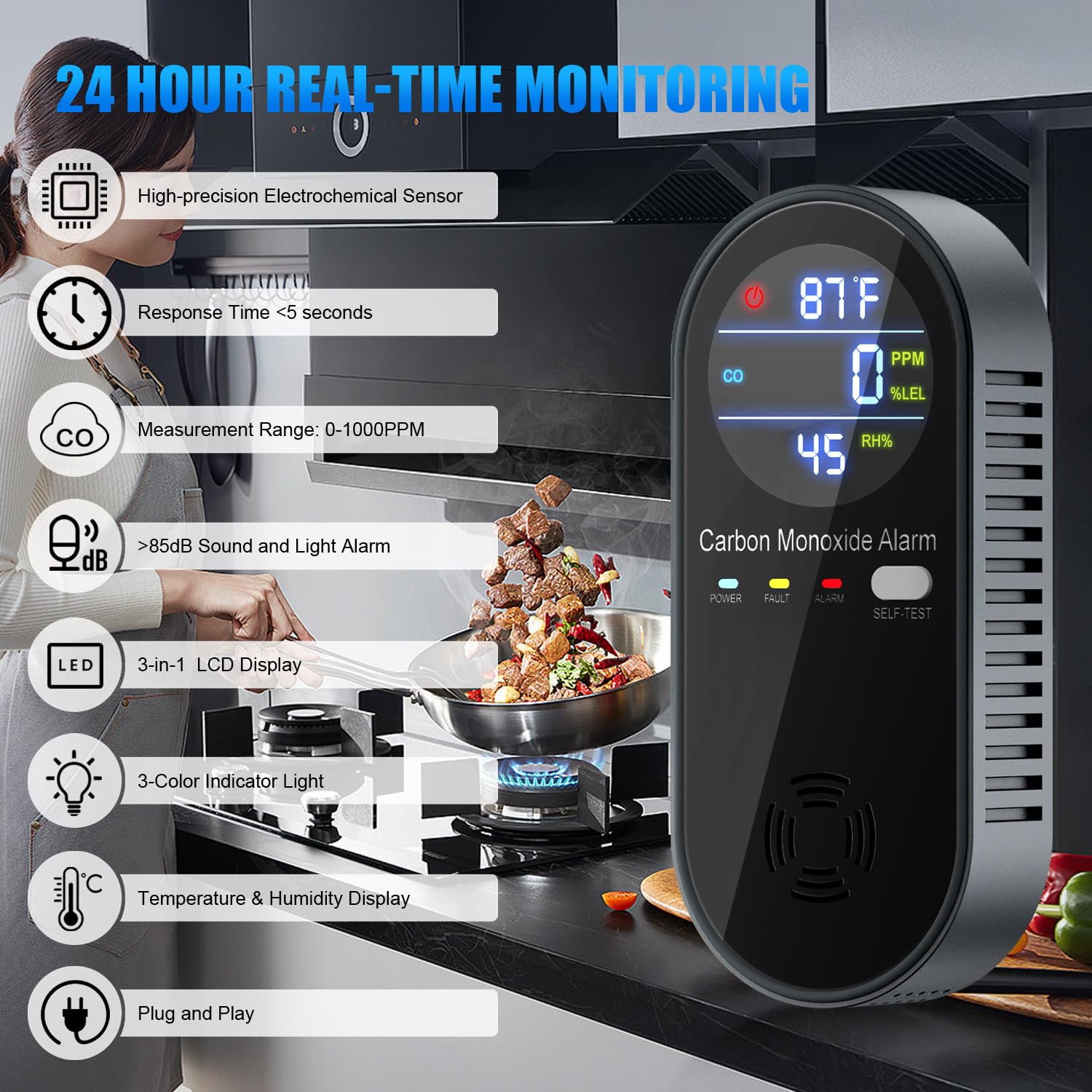 WESHLGD 85dB alarm alerts you when CO rises.