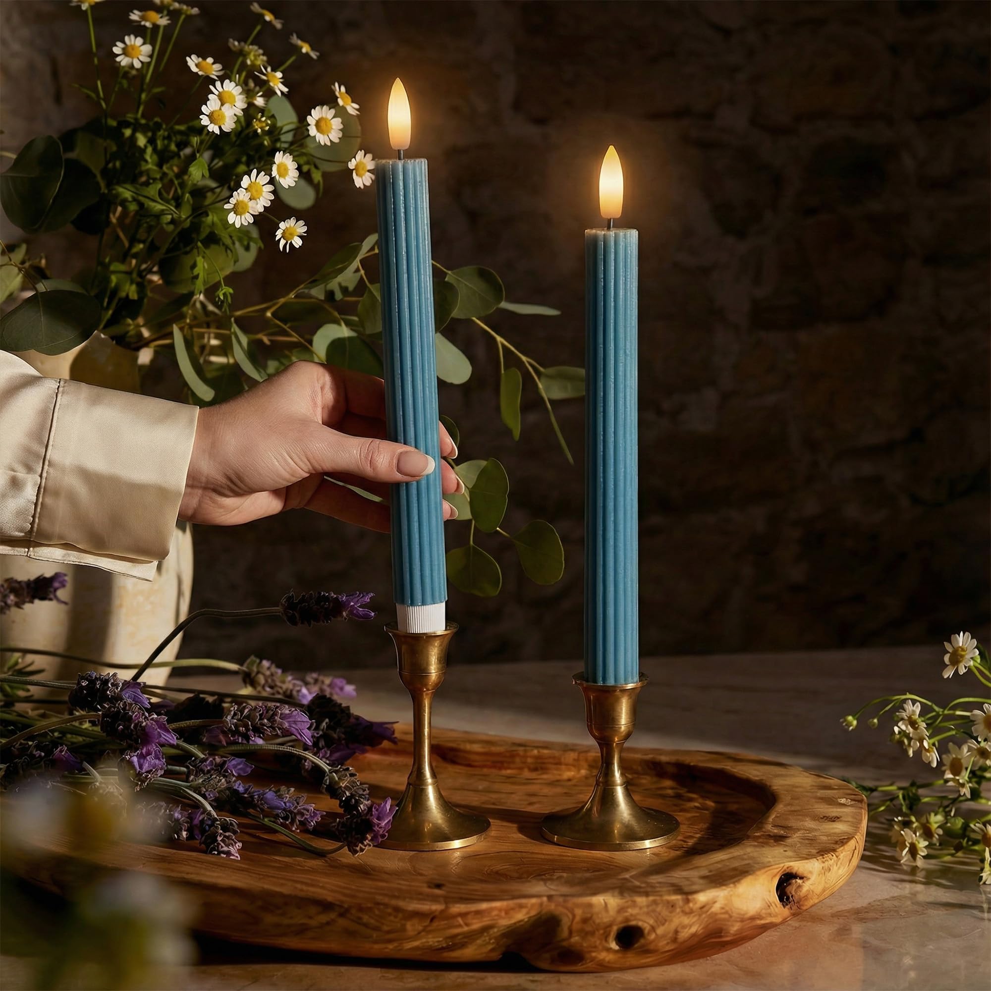 West Ivory blue fluted taper candle with grooved design for elegant table decor.
