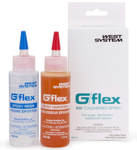 West System G/flex epoxy bottle close-up for strong, waterproof bonds.