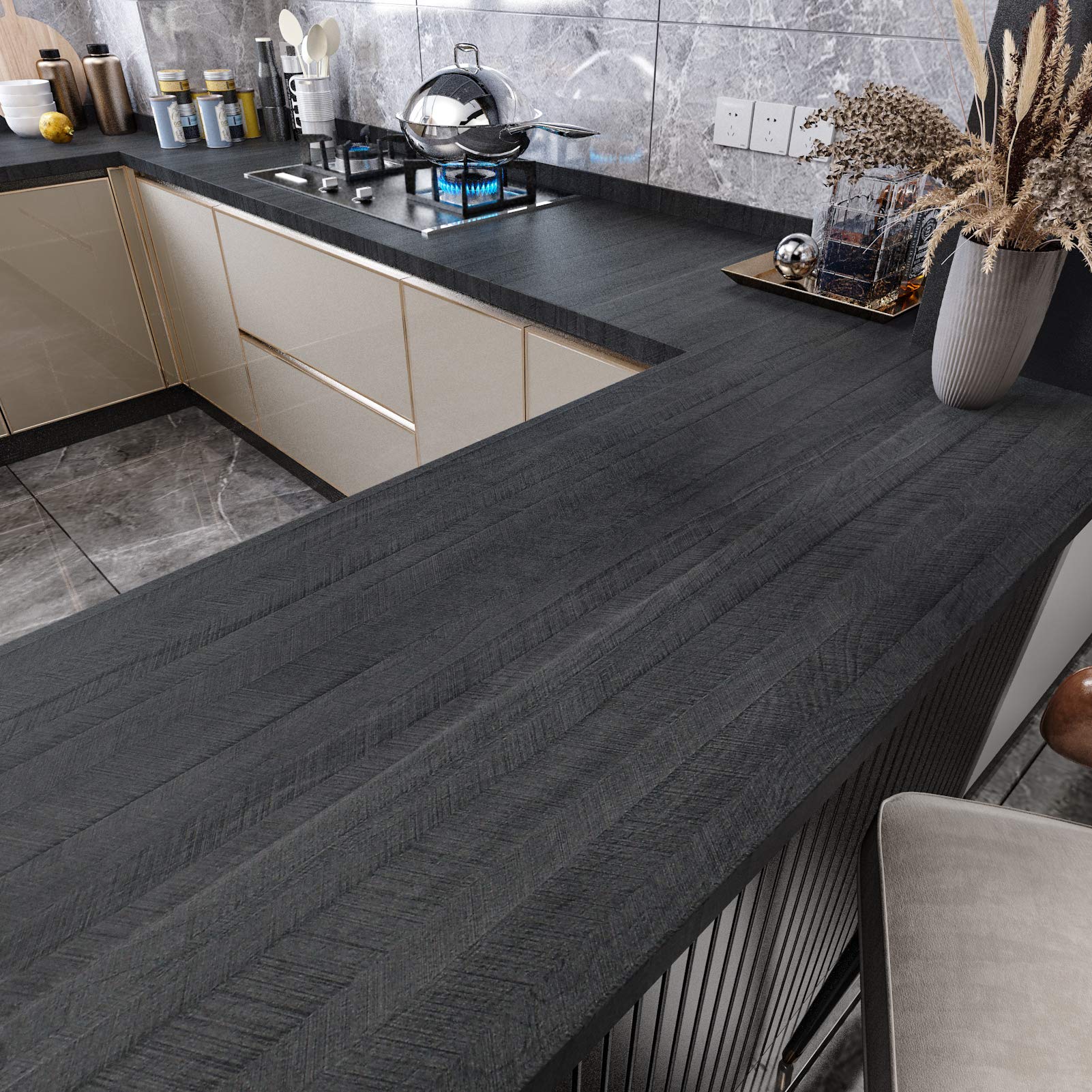 WESTICK black wood countertop wrap on a kitchen surface showing a premium faux-wood finish