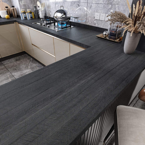 WESTICK black wood countertop wrap on a kitchen surface showing a premium faux-wood finish