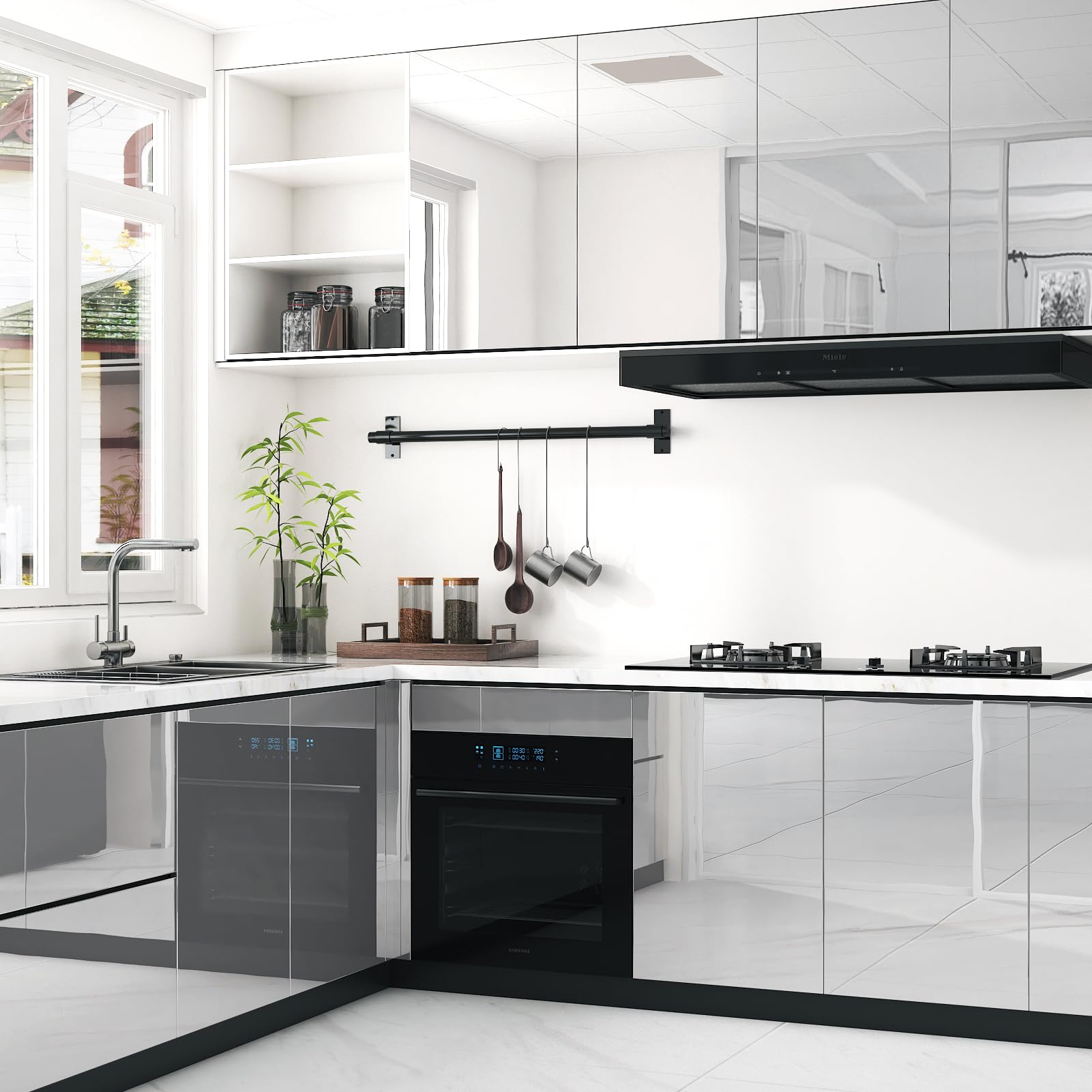 WESTICK kitchen backsplash mirror adds bright, easy-to-clean style.