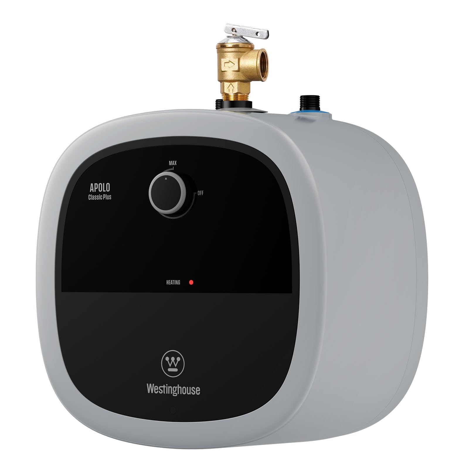 Westinghouse 2.5-gallon mini tank under-sink unit in a compact kitchen setup for single-sink hot water