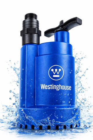 Westinghouse submersible sump pump front view for basement water removal.