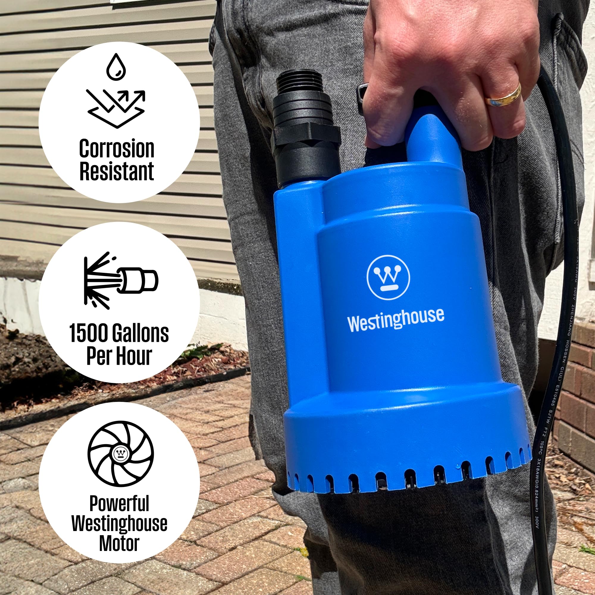 Westinghouse sump pump 10 ft cord ready for plug-and-play setup.