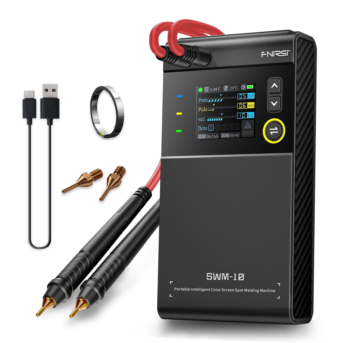 WESTOBiG FNRSI battery spot welder front view highlighting its compact handheld design for on-site use.