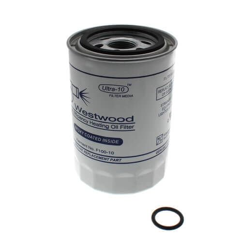 Westwood F100-10 spin-on oil filter with epoxy-coated canister delivers corrosion resistance and 10-micron filtration for residential burners.
