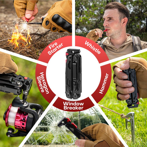 WETOLS multitool fire starter demonstrating camping readiness.