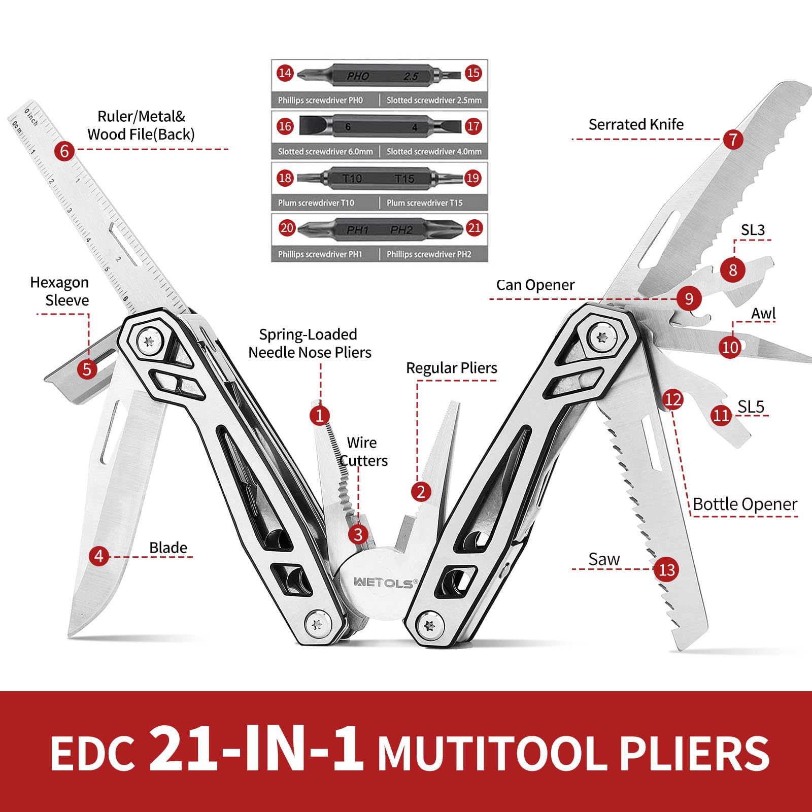 WETOLS self-locking multitool with sheath for safe storage and transport