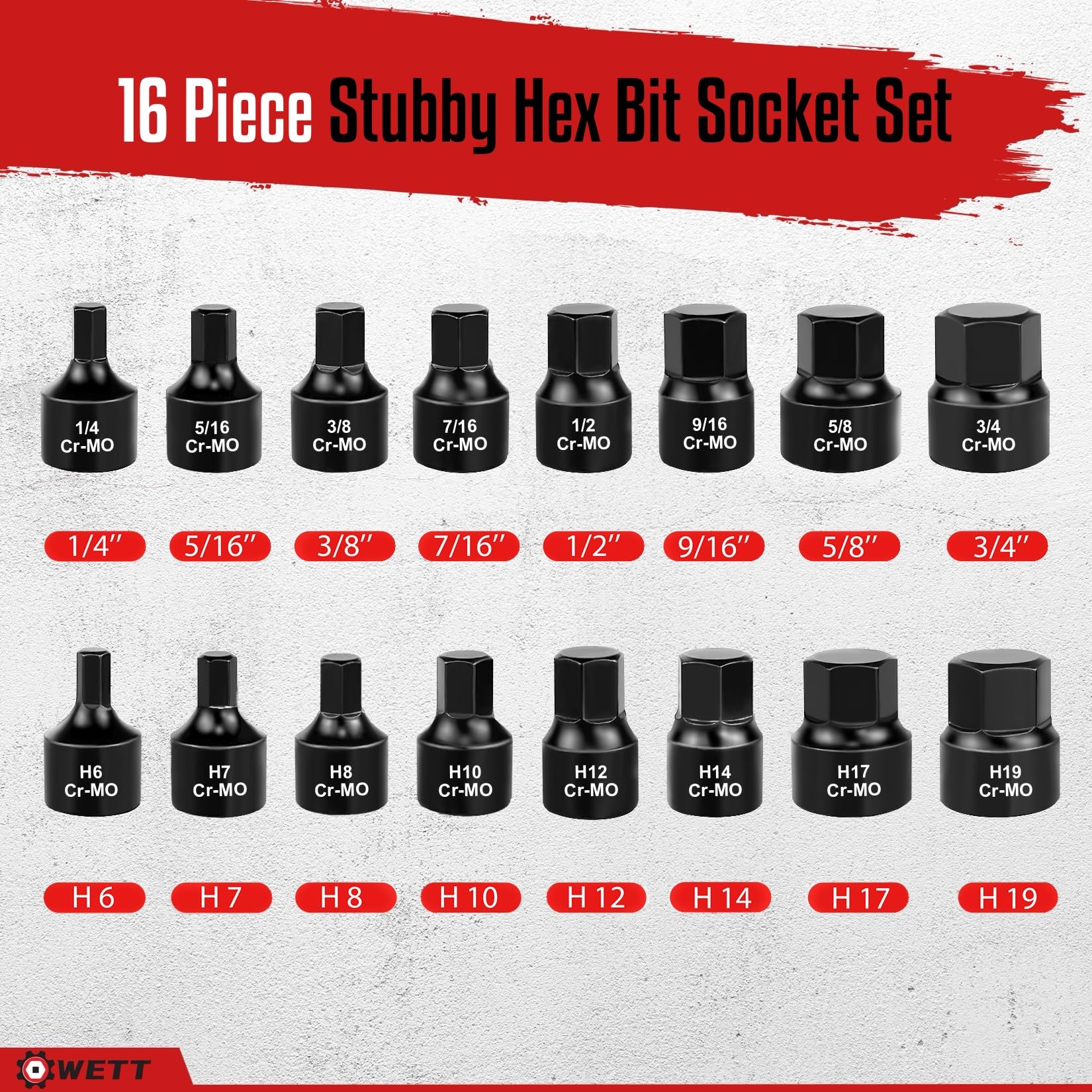 WETT 16-piece stubby hex bits provide versatile fastening in confined areas.