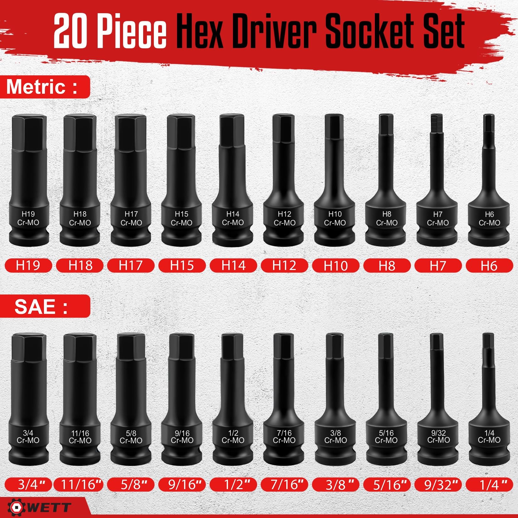 Close-up of laser-etched size markings on WETT hex sockets
