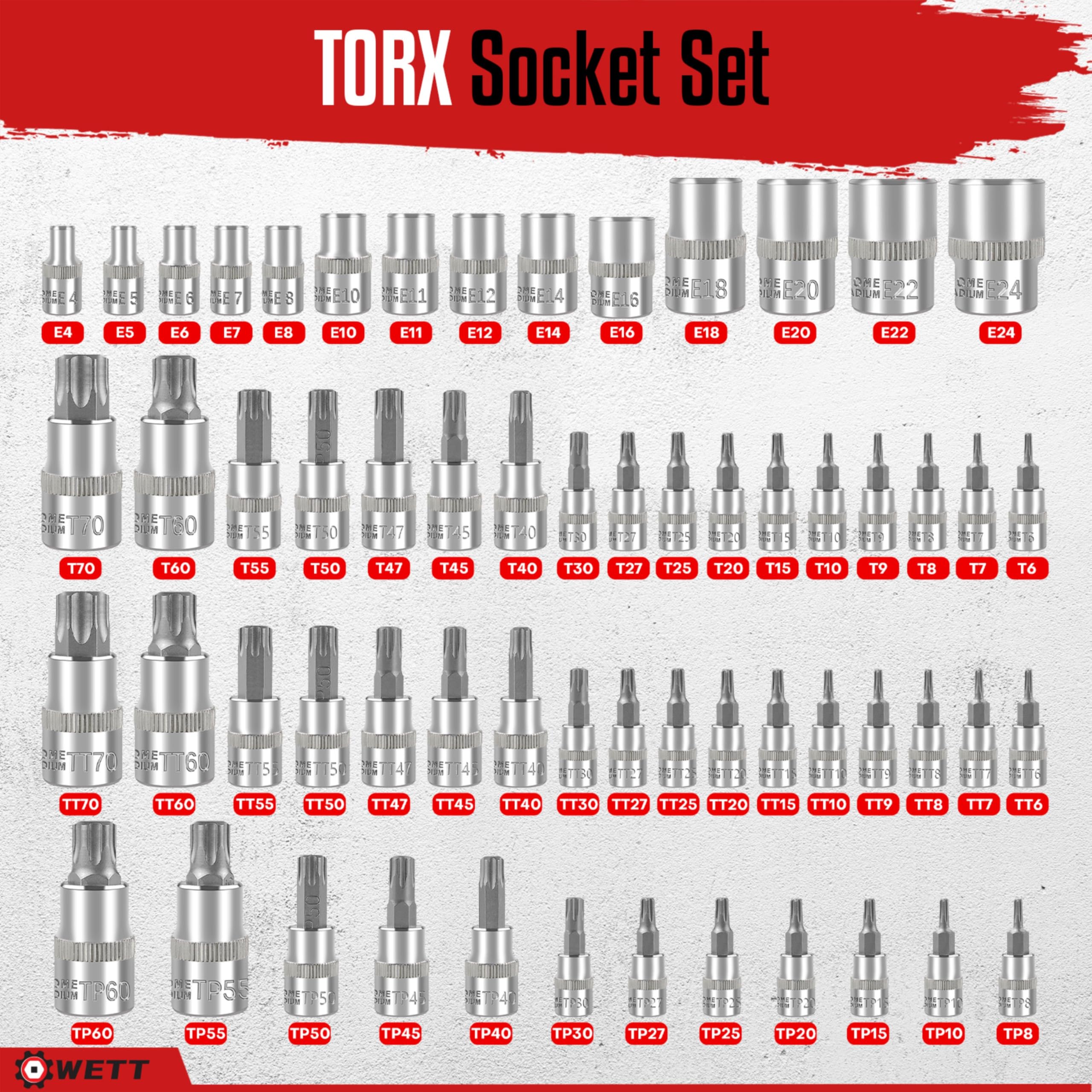 WETT external torx sockets E4 to E24 laid out for fast bolt removal